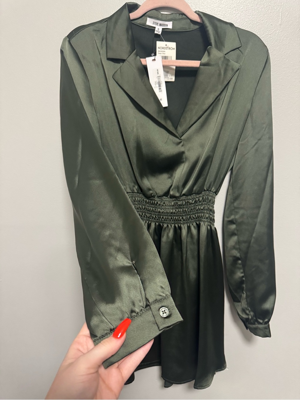Steve Madden Long Sleeve Olive Green Satin Mini Shirtdress - Picture 4 of 9